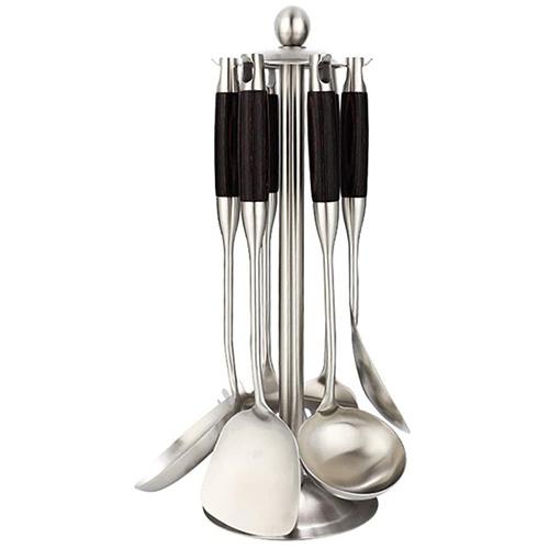 6/7Pcs Kitchen Utensil Set 304 Stainless Steel Cooking Tools with Wooden Handle, Turner Soup Spoon Strainer Pasta Server
