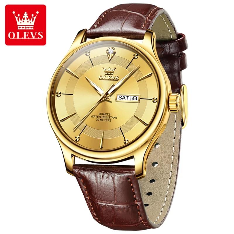 OLEVS Brand Fashion Quartz Watch Men Leather Strap Waterproof Luminous Week Date Business Mens Watches