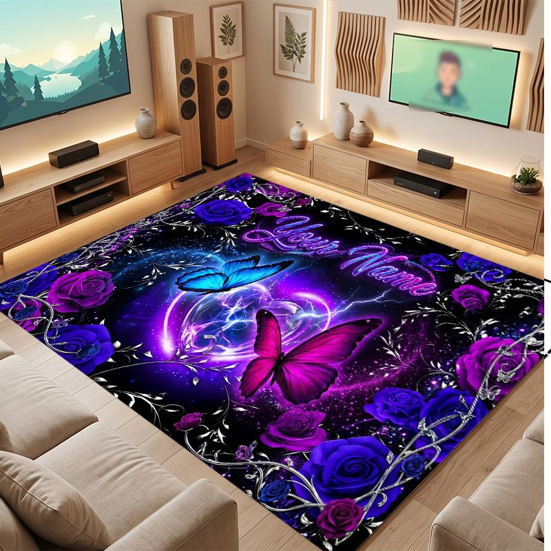 Butterfly Theme Soft Crystal Velvet Rug Custom Name & Text Print Non Slip Floor Rug for Bedroom Living Room