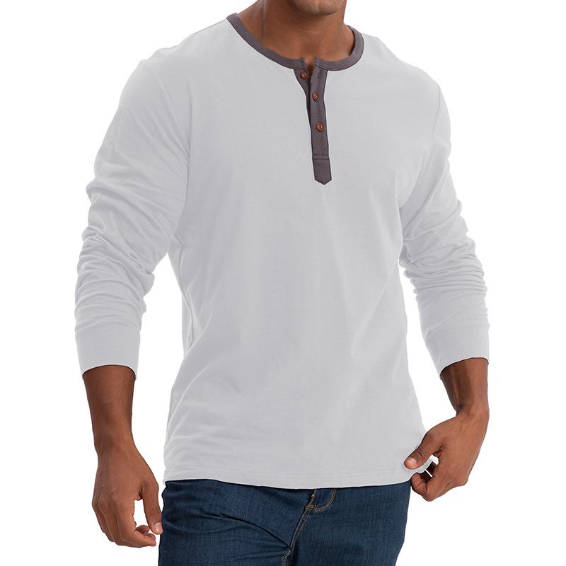 Men's Henley-style round-neck long-sleeved T-shirt Men's loose-fitting sports top