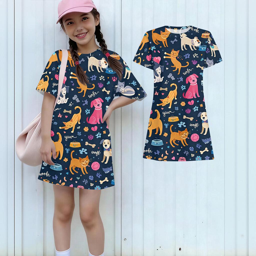 Girls Print Casual Dress Kids Loose Round Neck Short Sleeve Thin Sundress