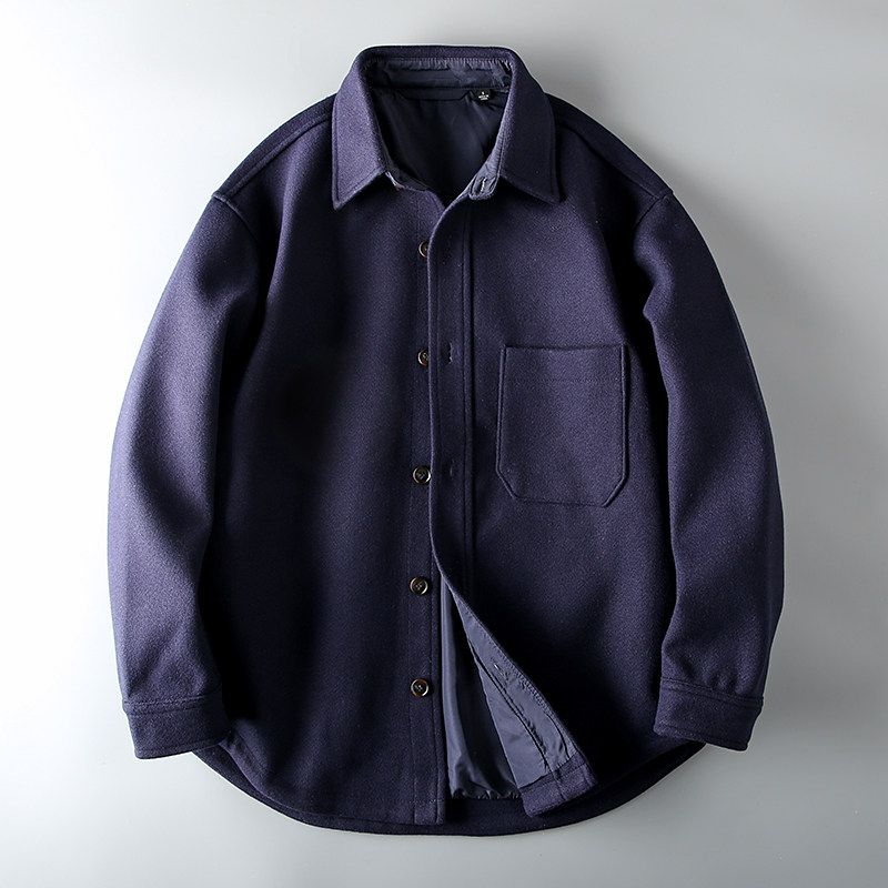 Export Original Tail Single Cut Label Winter Thick Wool Shirt Men s Plaid Loose Export Men s Clothing Men Shirt Coat Navy Blue S