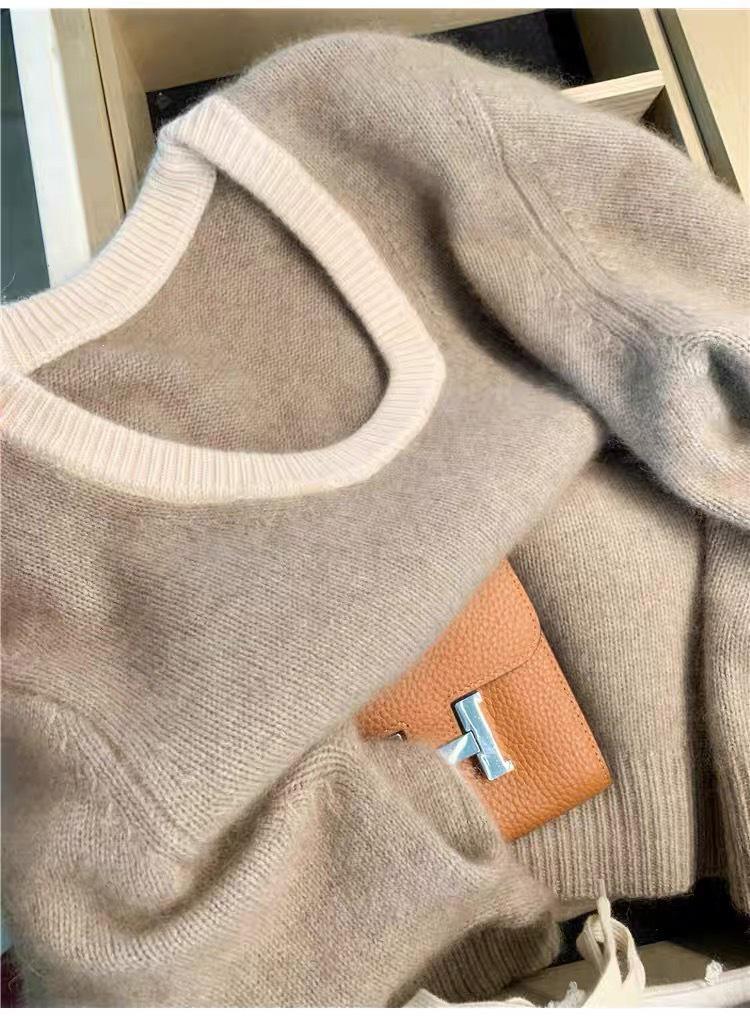 Women's U-Neck 100% Wool Korean-Style Chic Sweater - Autumn/Winter Collection