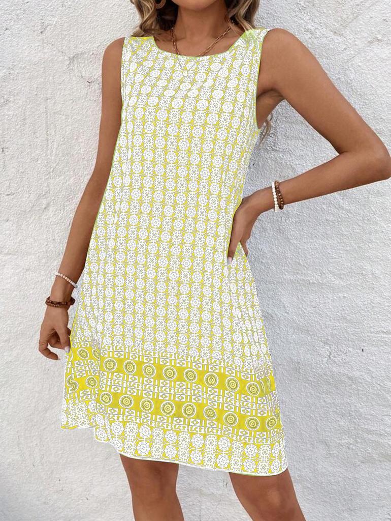 European & American Summer Plaid Print Casual Round Neck Dress for Women