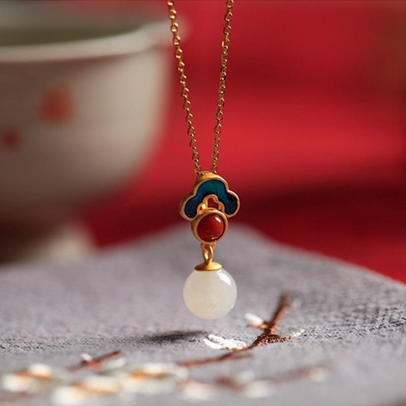 925 Silver Gilded Hetian Jade Enamel Pendant Necklace - Retro Chinese Style