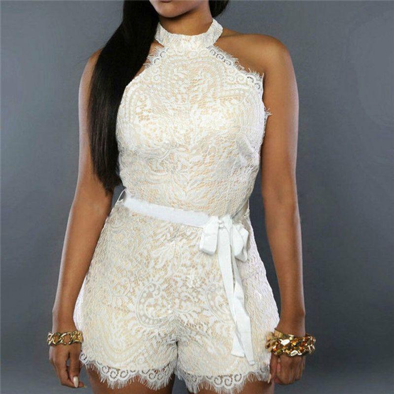

Lace Neck Cut out Hip Wrap Jumpsuit Lace Halterneck Hollow Sheath Jumpsuit WHITE S