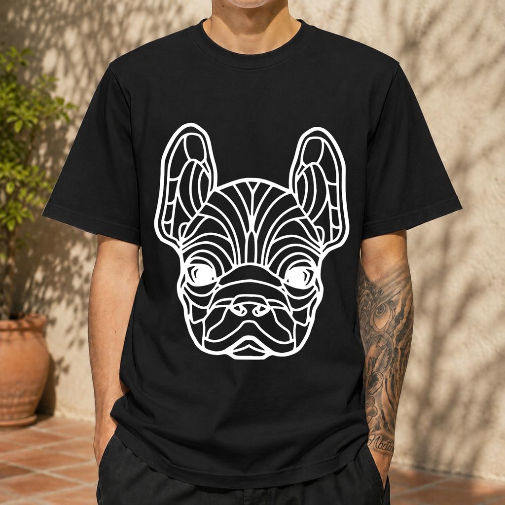 2026 Neues reines Baumwoll-T-Shirt mit geometrischem französischen Bulldoggenkopf-Aufdruck Unisex Einfaches Rundhals-Oberteil Lässiges Kurzarm