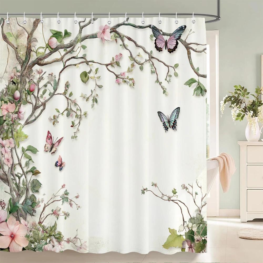 Beautiful Flowers Butterfly Shower Curtain Blue Floral Printed Bathroom Bath Curtain Home Decoration Curtain With Hooks