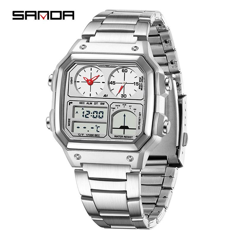 SANDA Men s Waterproof Multifunctional Electronic Watch with Alarm, Thermometer, Dual Display, and Three-Time Zone Features.