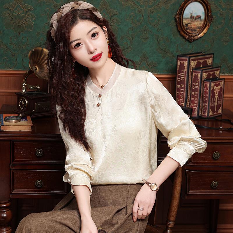 Plate Button Shirt Women's Spring and Autumn Retro Tang Dynasty Oblique Placket Long-sleeved Blouse