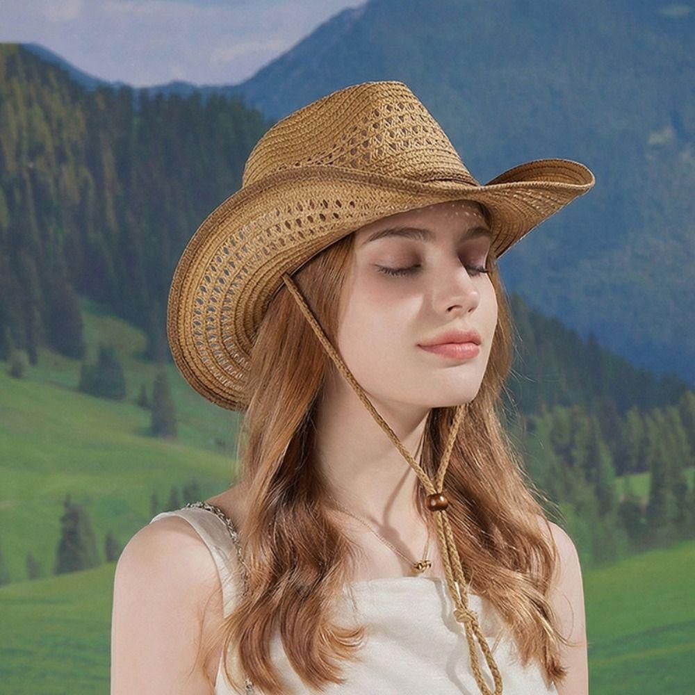 Classic Summer Sunscreen Straw Hat Wide Brim Hollow Out Western Cowboy Hat Retro Ethnic Style Sun Hat for Women Men