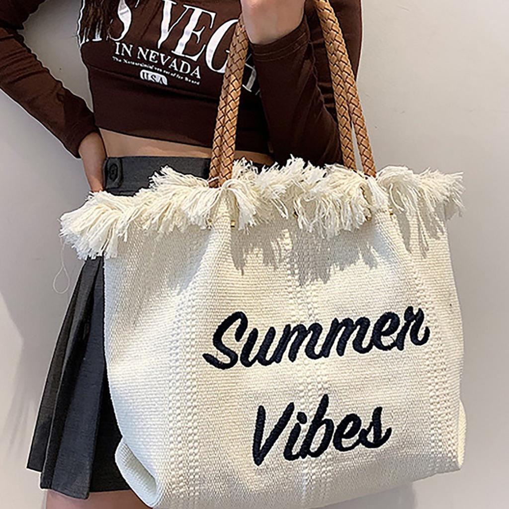 Genți Geantă Mare din Pânză Geantă Tote Premium cu Litera Brodată Geantă de Mână Geantă de Damă Geantă de Plajă Împletită Geantă de Umăr