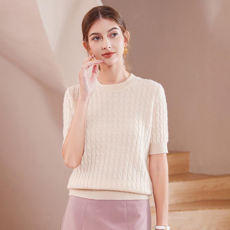 2024 A/W Women's Cashmere Round Neck Short Sleeve Hollow-Out Cable Knit Sweater Top