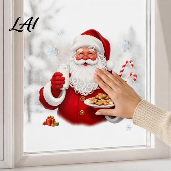 Durable PVC Festive Decals Christmas Santa Claus Window Clings Reusable Static Holding Milk And Cookies Holiday Glass Decals Winter Sticker