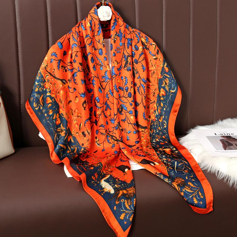 110cm Large Shawl Silk Square Scarf for Women Luxury Print Hijab Bandana Muslim Headband Wrap Beach Stoles Foulard Echarpe 2023