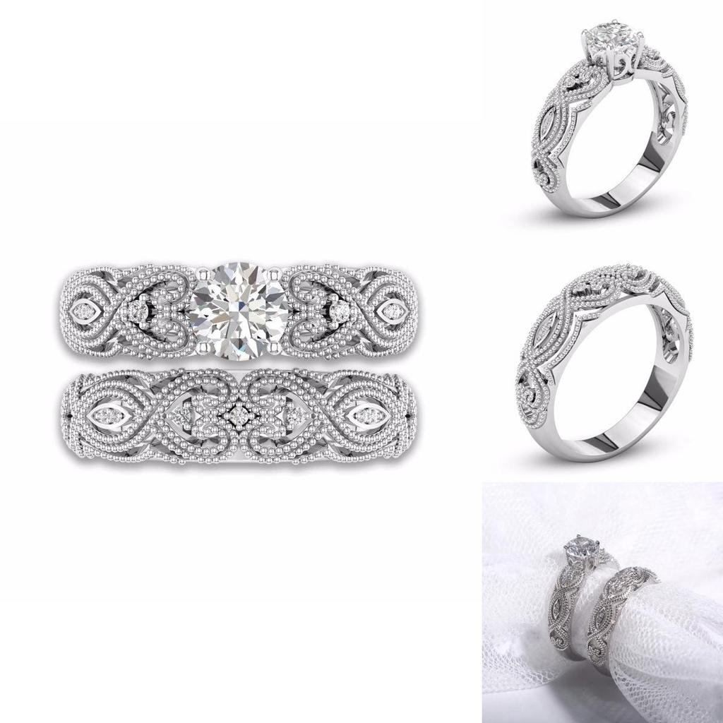 Elegant 2-in-1 Womens White Retro Engagement Wedding Band Heart Rings Set For Brides