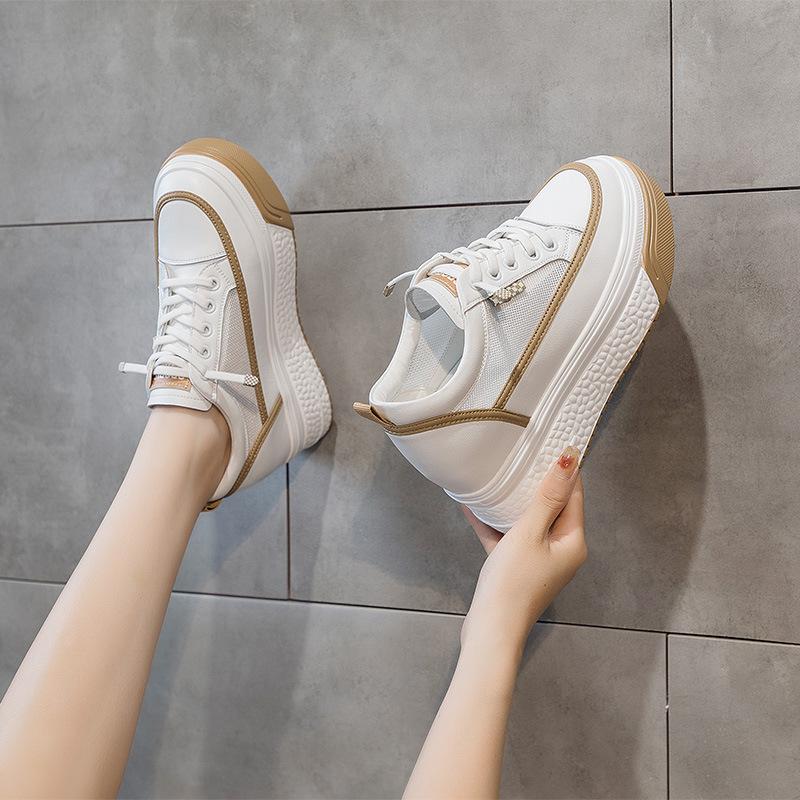 Leather little white shoes women's 2025 new mesh breathable thick baseplate shoes muffin sports shoes inner height increase casual women's shoes