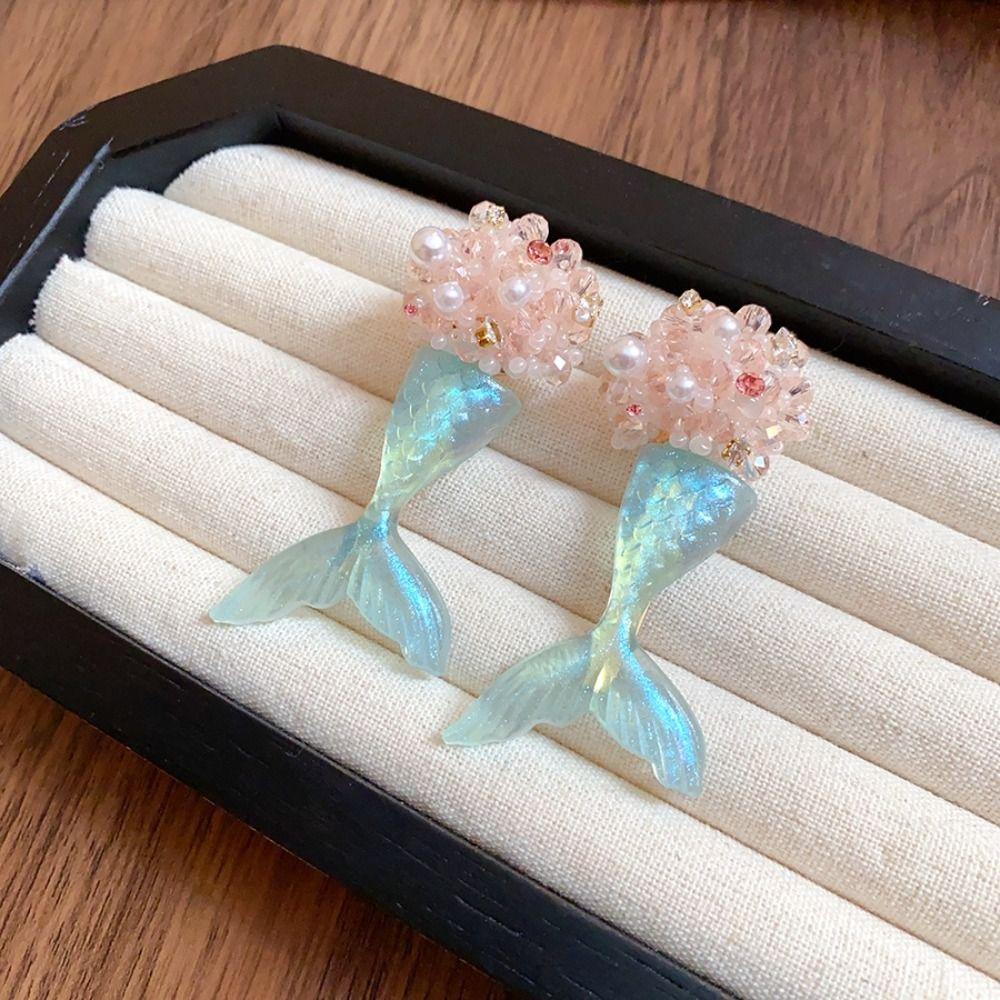 Cute Fishtail Drop Earrings Pearl Beach Style Earrings Translucent Mermaid Resin Earrings  Beach