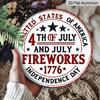2D Flat, 1pc Round Aluminum Hanging Sign, Vintage 4th of July Metal Wall Art, USA Independence Day Fireworks Design, Perfect for Front Door, Porch