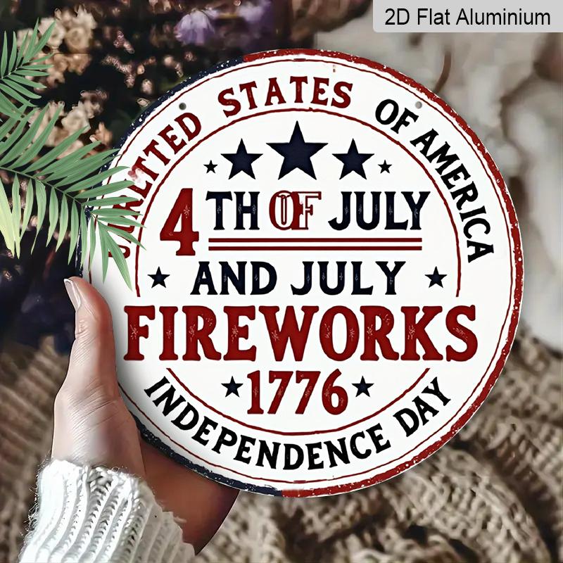 2D Flat, 1pc Round Aluminum Hanging Sign, Vintage 4th of July Metal Wall Art, USA Independence Day Fireworks Design, Perfect for Front Door, Porch