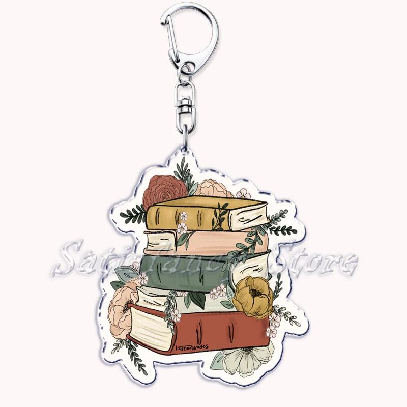 Pastel I Heart Flowery Books Keychains Ring for Accessories Bag Pendant Key Chain Keyring Jewelry Fans Lovers Gifts