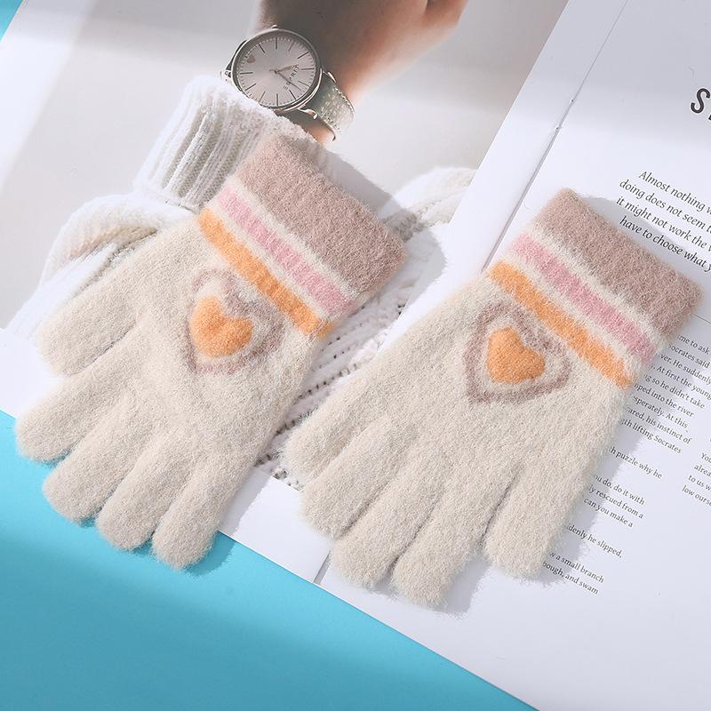 Neue Liebe Gestreiftes Mädchen Warme Handschuhe Winter Kältefest und Verdickt Kinder Gestrickt Fahrrad Spielen Schnee Schreiben Fünf Finger