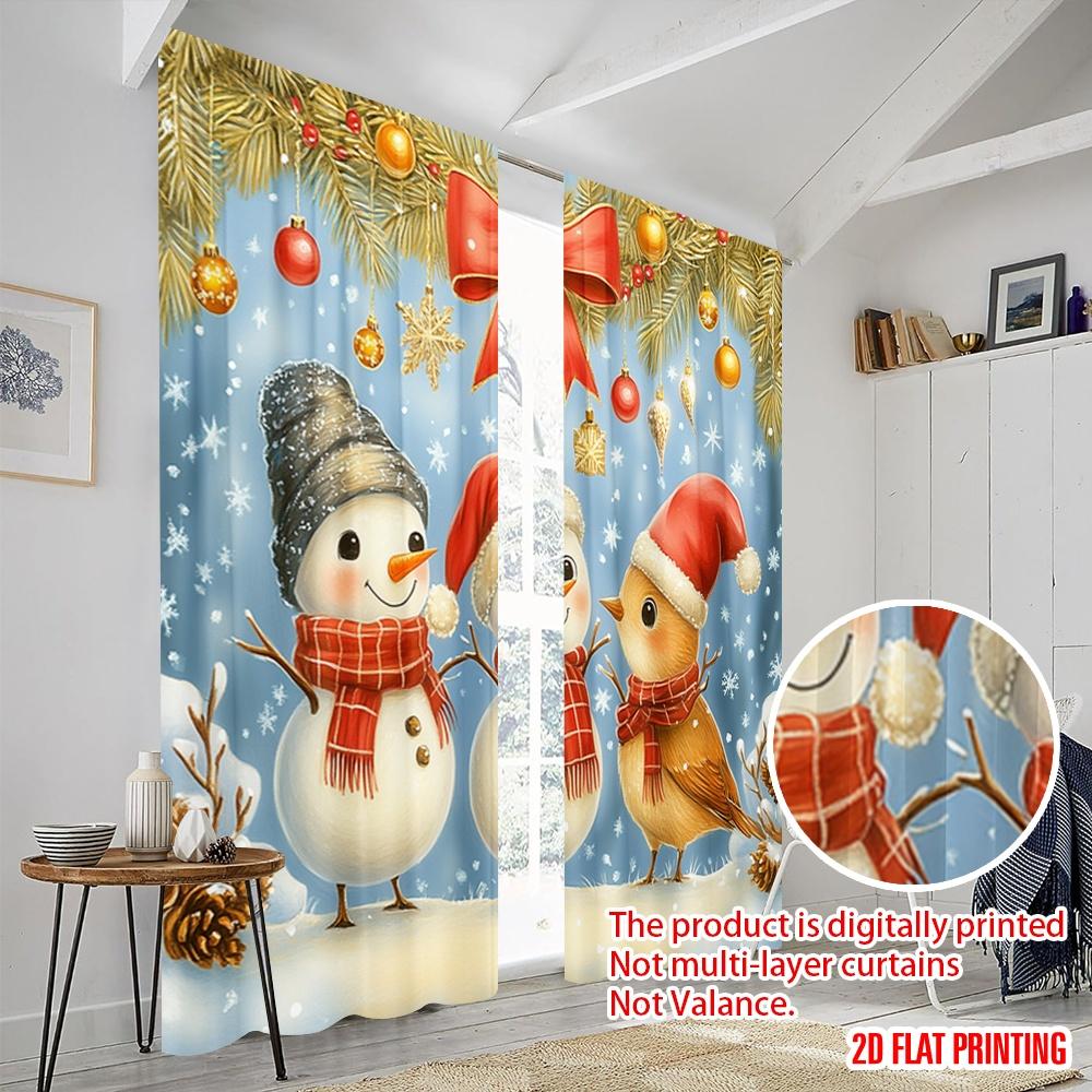 2pcs,2D Plane Printing Pattern Curtains Cute Snowman Deer Bird (2) Durable 100% Polyester Fabric (without Rod) Home Decor for