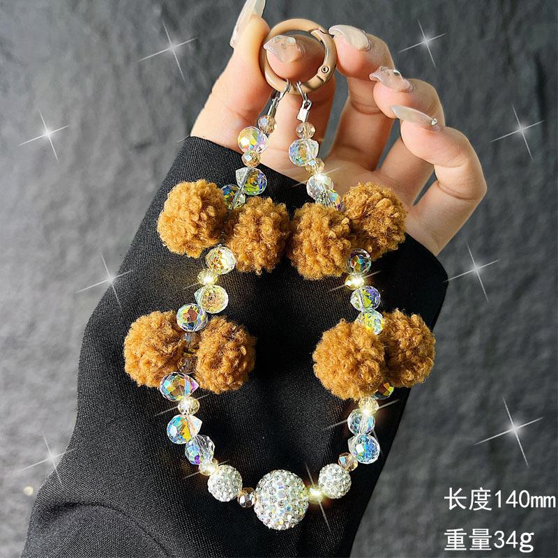 

New Autumn Winter Plush Ball Phone Chain Small Water Drop Crystal Phone Chain Wrist Keychain Pendant Handheld 【Brown】Teardrop Cryst