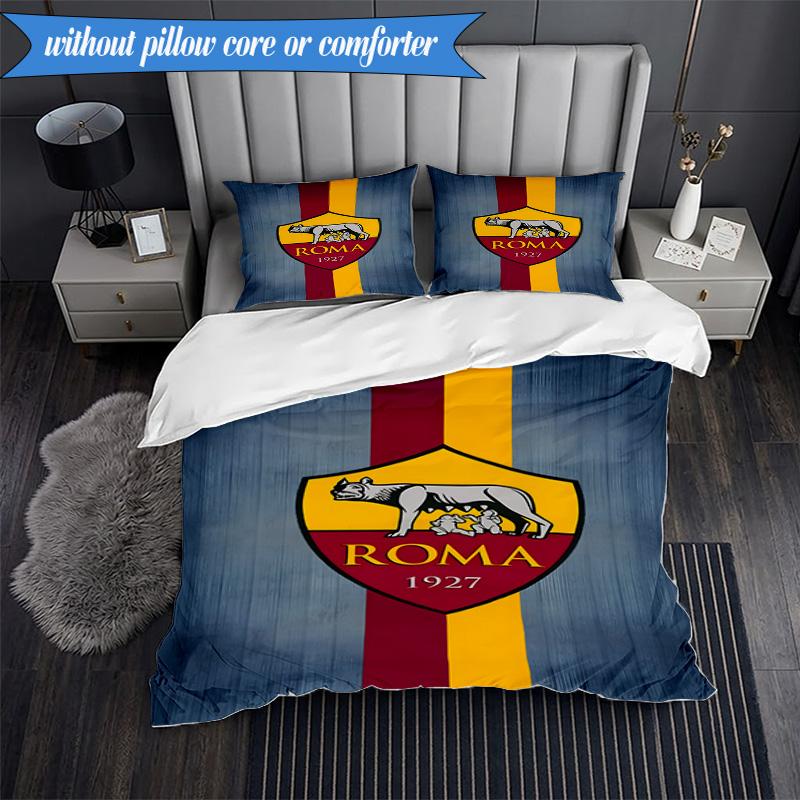 3PCS AS Roma1 Football club Printed Soft Bedding Set,Including 1pc Duvet Cover And 2pcs Pillowcases Perfect for Bedroom, Dormitory, Fan gift
