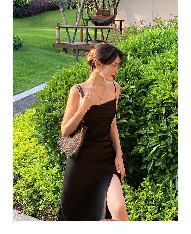 Summer Black Irregular Draped Strap Midi Dress - French Sexy Slimming Split Design