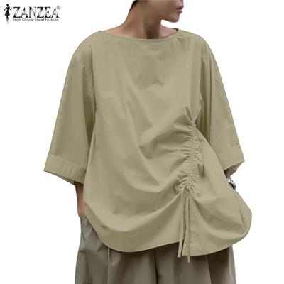Women Casual Round Neck 3/4 Sleeve Loose Drawstring Blouse