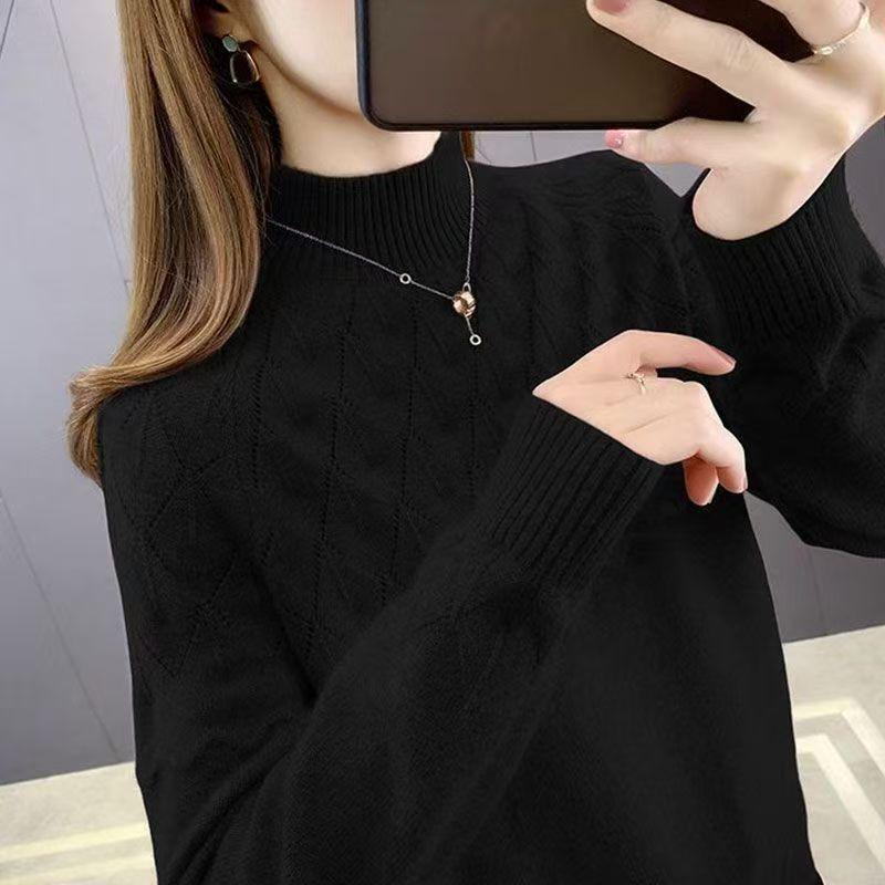 Women's Loose Half-High Neck Knit Sweater - Solid Color, Versatile Autumn/Winter Pullover