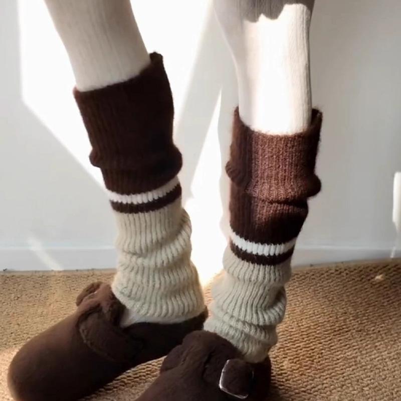 2pairs American Retro Cashmere Color Blocking Long Sock Winter Warm Knitted Leg Warmers for Women Lolita JK Boot Cover Stockings