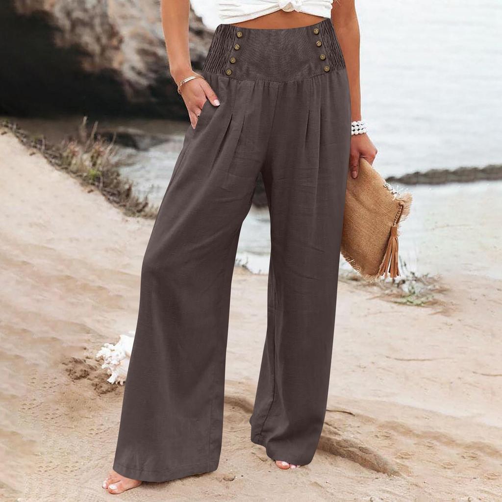 Women's Loose Cotton Linen High Waist Wide Leg Pants - Spring/Summer Casual Elastic Waist