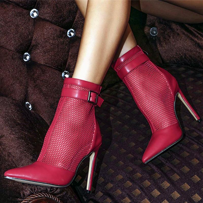 Bottes Sexy en Maille et Cuir Épissées à Talons Hauts Fins pour Femmes Été Design Boucle de Ceinture Talons Hauts Bottes de Banquet Mariage pour Femmes