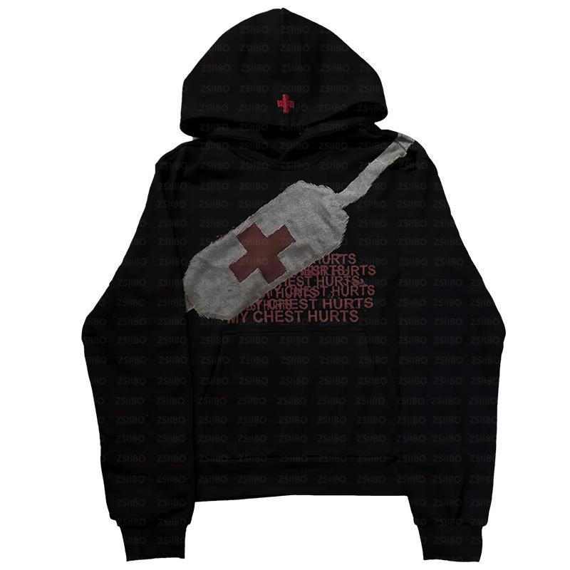 European and American personalized printed sweater long-sleeved pullover hoodie retro jacket street trend y2k S чёрный