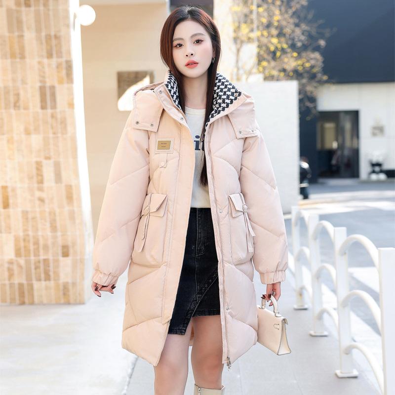 2025 New Cotton Jacket Women's Mid-length Over-the-knee Padded Jacket Loose Thickened and Warm Diamond-shaped Plaid Hooded Autumn and Winter Jacket