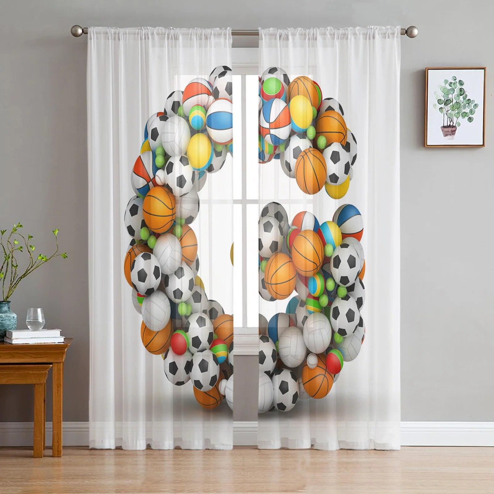 

Luxury Chiffon Sheer Tennis Racket Ball Curtains for Living Room Bedroom Window Voile Tulle Decoration 135W x 114H(cm)