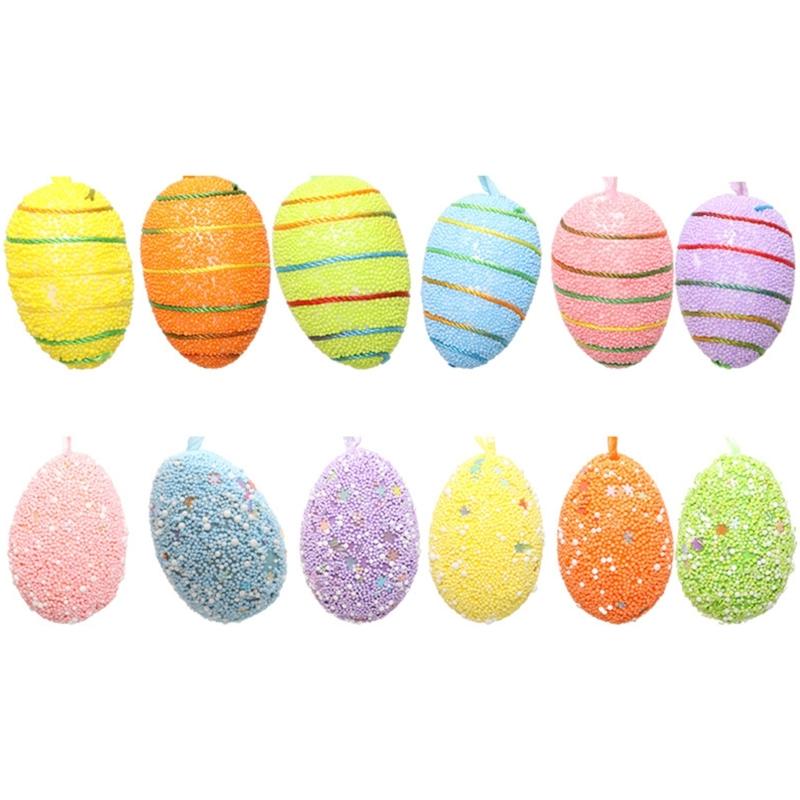 6PCS Set Easter Decorations Ornaments Bright Color Striped Foames Eggs Decorations for Easter Holiday Occasion