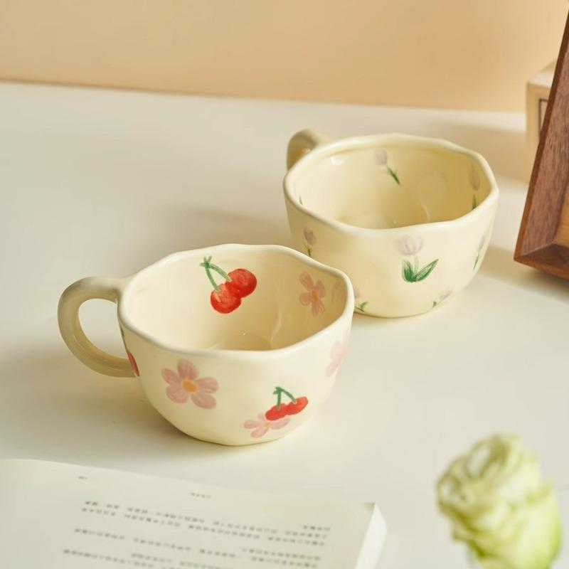 Hand-Pinched Ceramic Coffee Mug, Korean Style Floral Milk Tea Cup, Artisan Breakfast Drinkware, Unique Irregular Design