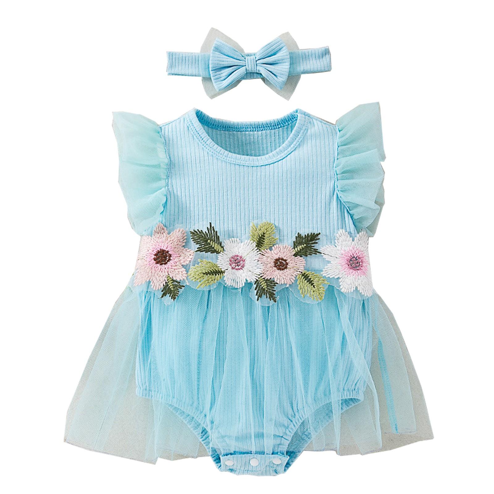 

Нове плаття для дівчаток із сітчастої тканини, модне модне комбінезон із милими квітами та квітами, що летять, аксесуари для волосся 86 небо синє кольору