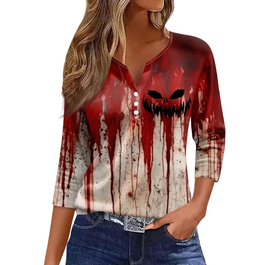 Women's Fashion Casual Three-quarter Sleeve Halloween Letters Print Top