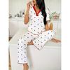 [Elegant Pajama] Comfy Elegant Women's Pajama Set | V-Neck Lace Trim, Short Sleeve Top & Long Pants, Red & White Cherry Print, Loungewear