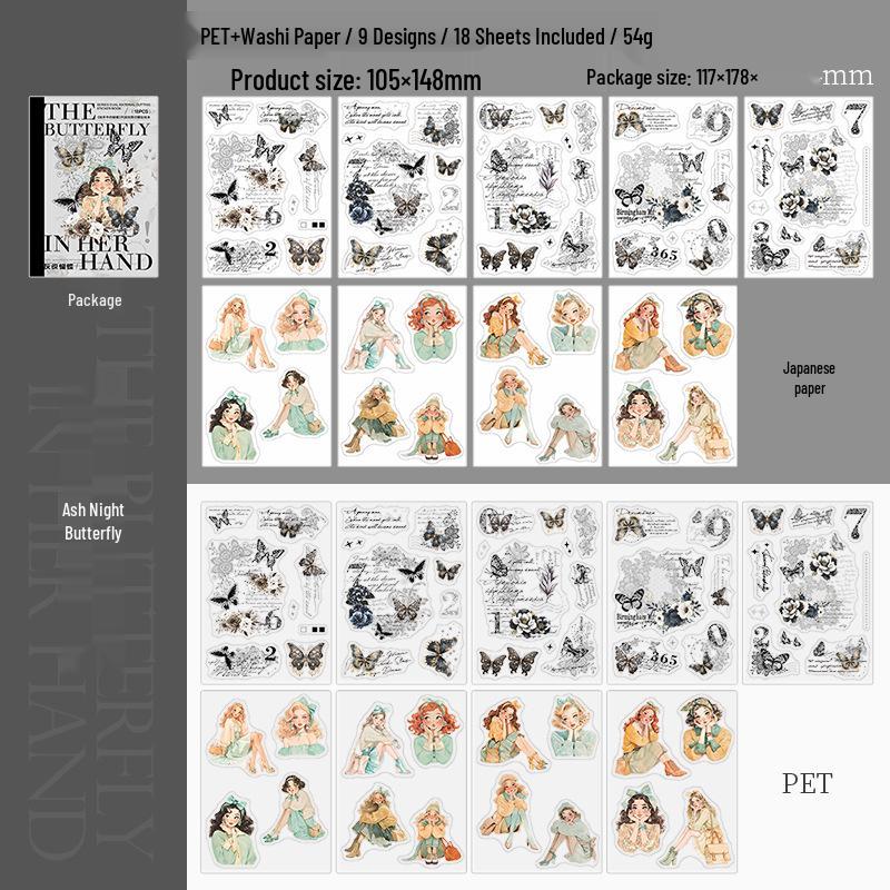 Retro Girl Dual-Material Butterfly Die-Cut Sticker Book for DIY Collage & Lace Journal