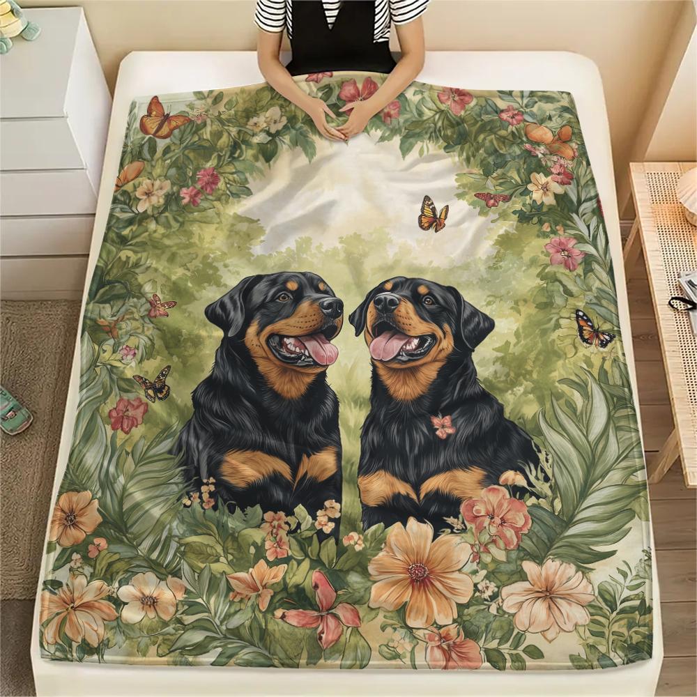 Rottweiler and Garden,pattern Flannel Blanket, High quality Comfortable for All Seasons, Home Decor, Warmth and Comfort, Perfect for Gifts.
