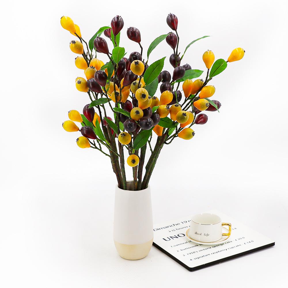 Artificial Loquat Fruit Branch Faux Yellow Burgundy Berry Stem with Green Leaves Fake Fruit Plant for Vase Home Table Floral Decor