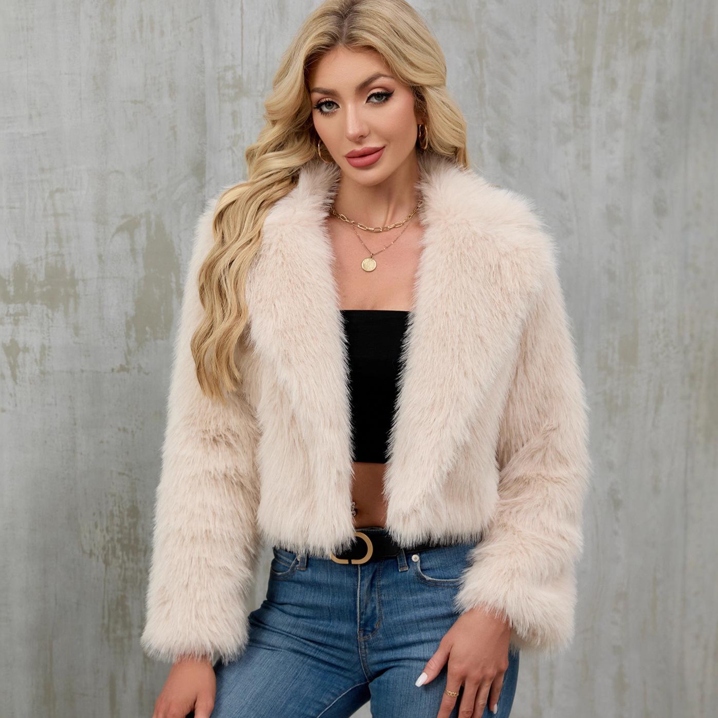 

2025 Winter Women s Cropped Faux Fur Jacket, Notched Lapel Short Coat with Plush Texture, Casual Chic Outerwear for Autumn Winter XXXL абрикосовий