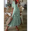 Women's V Neck Half Sleeve Loose Fit A-Line Maxi Dress Plaid Print Casual Dress