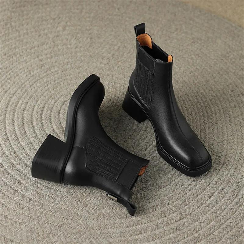 Fashion New Autumn Split Leather Women Boot Square Toe Short Boots for Women High Heels Winter Boots Women Chelsea Boots Ladies Shoes