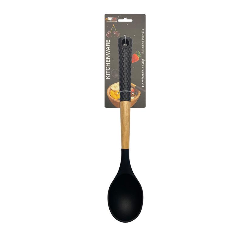 Black Wood Handle Silicone Kitchenware Set: Food-Grade Spatula, Soup Ladle & Cooking Utensils